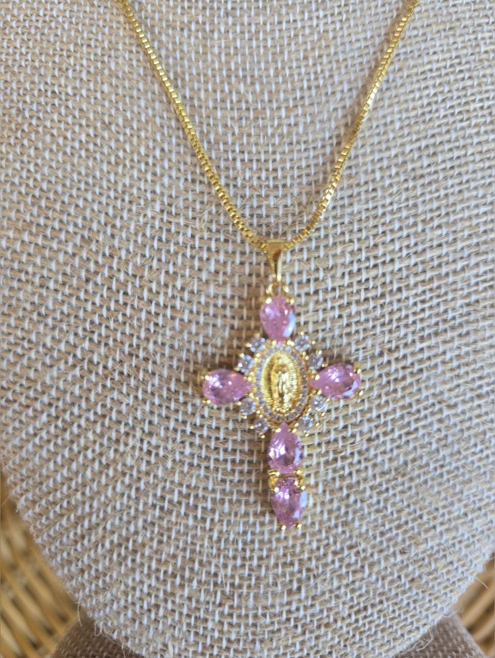 NWT 14K PVD Louise Carter Gold Pink Virgin Mary Cross Necklace
